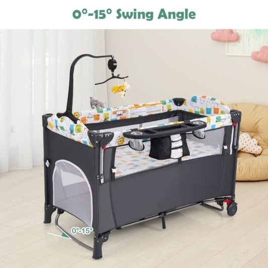 5-in-1 Convertible Baby Bed with Changing Table & Storage Bag Grey