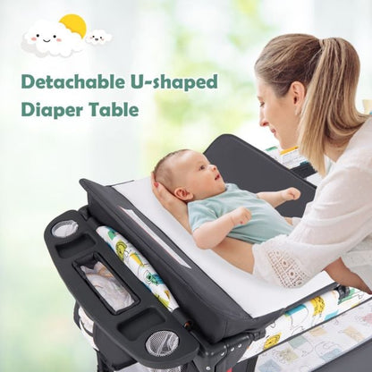 5-in-1 Convertible Baby Bed with Changing Table & Storage Bag Grey