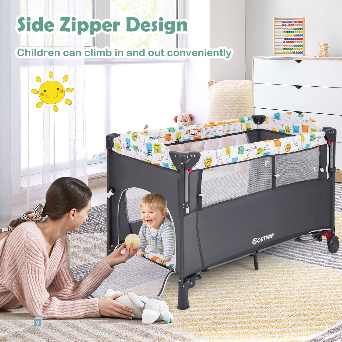 5-in-1 Baby Bassinet Bedside Sleeper with Diaper Changer and Hanging Toys-Grey