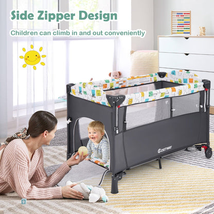 5-in-1 Baby Bassinet Bedside Sleeper with Diaper Changer and Hanging Toys-Grey