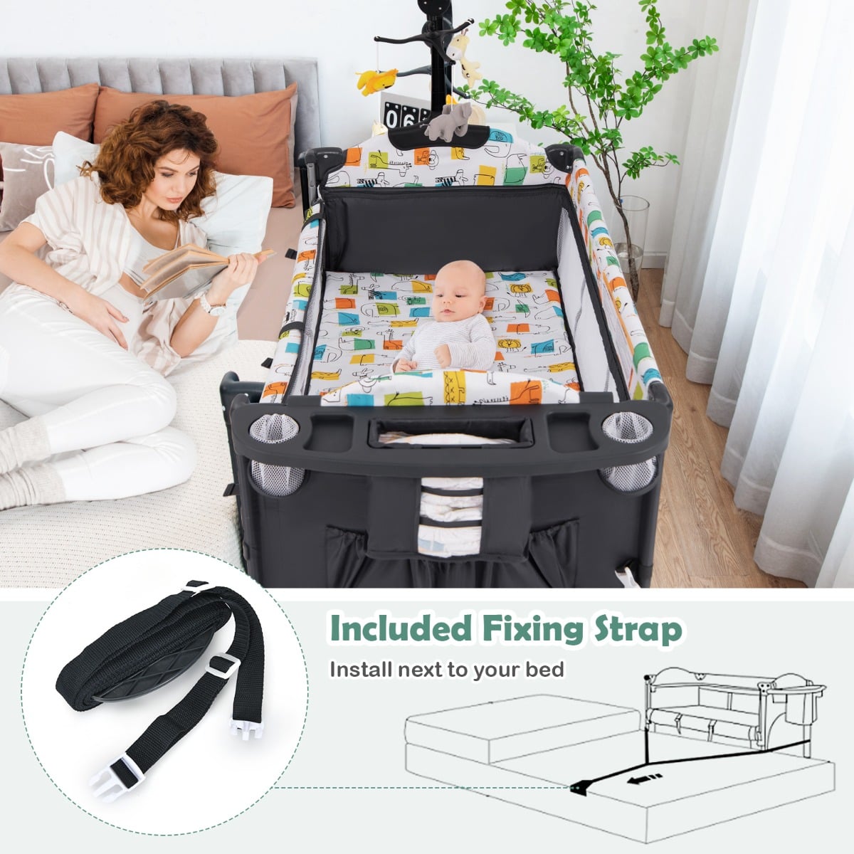 5-in-1 Baby Bassinet Bedside Sleeper with Diaper Changer and Hanging Toys-Grey