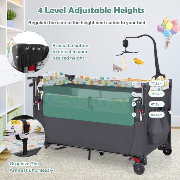 5-in-1 Convertible Baby Bed with Changing Table & Storage Bag Grey