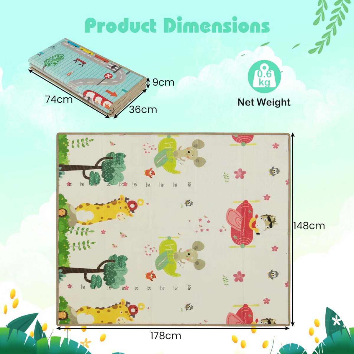 Baby Play Mat 178 x 148 cm Foldable Baby Activity Mat for Floor-Multicolor