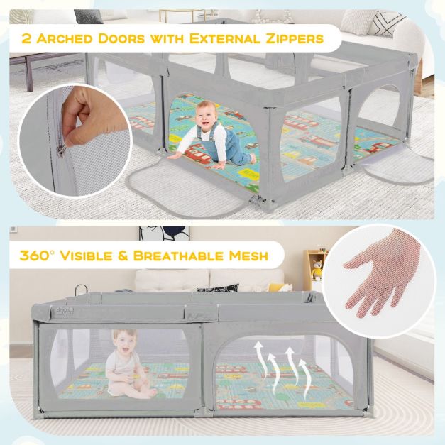 Baby Playpen with Mat and 4 Pull Rings -Light Grey