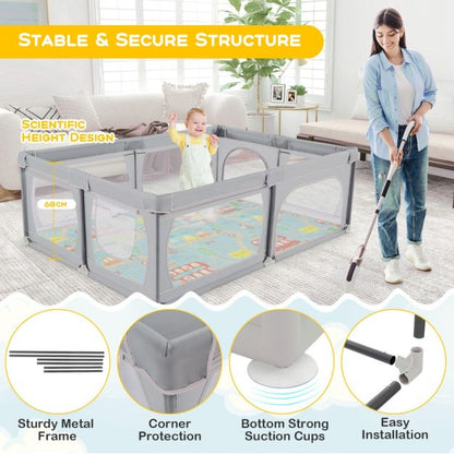 Baby Playpen with Mat and 4 Pull Rings -Light Grey