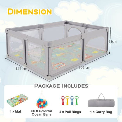 Baby Playpen with Mat and 4 Pull Rings -Light Grey