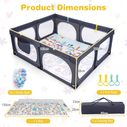 Baby Playpen with Safe Gate and Breathable Mesh-Dark Grey