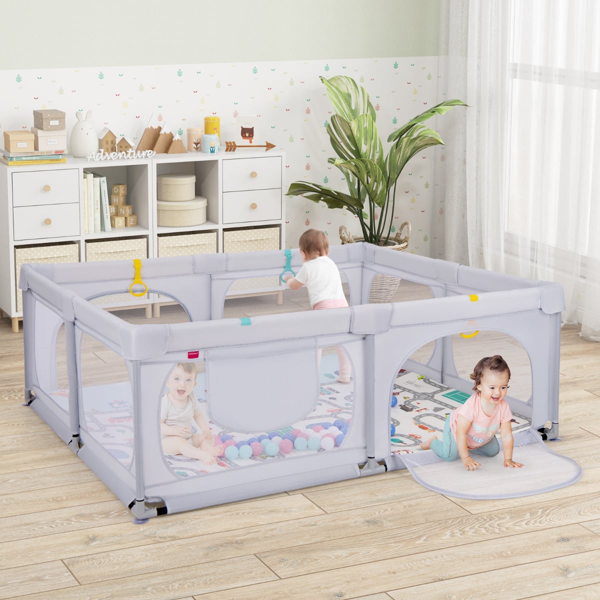 Baby Playpen with Safe Gate and Breathable Mesh-Light Grey