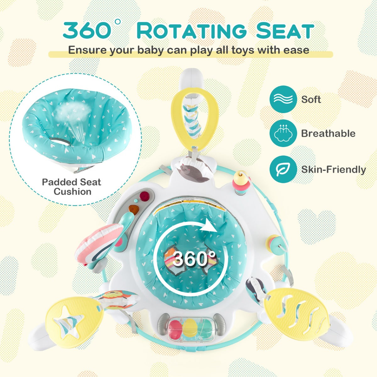Baby Stationary Activity Center with 360° Rotary Seat and 3 Adjustable Heights for 6 Months+-Blue