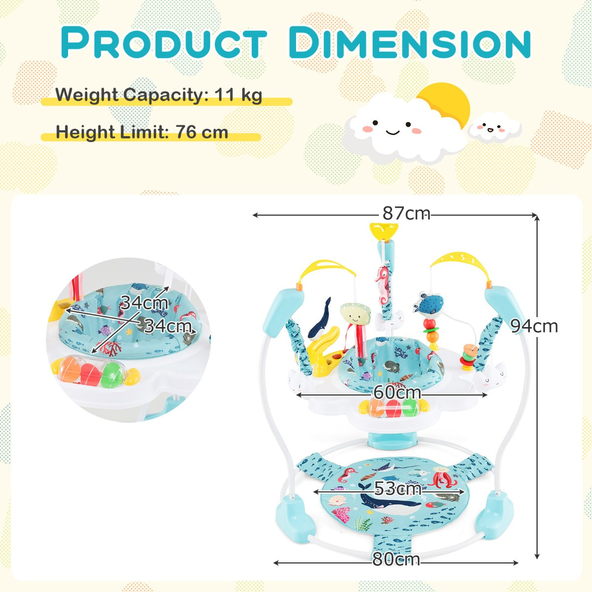Baby Stationary Activity Center with 360° Rotary Seat and 3 Adjustable Heights for 6 Months+-Colourful
