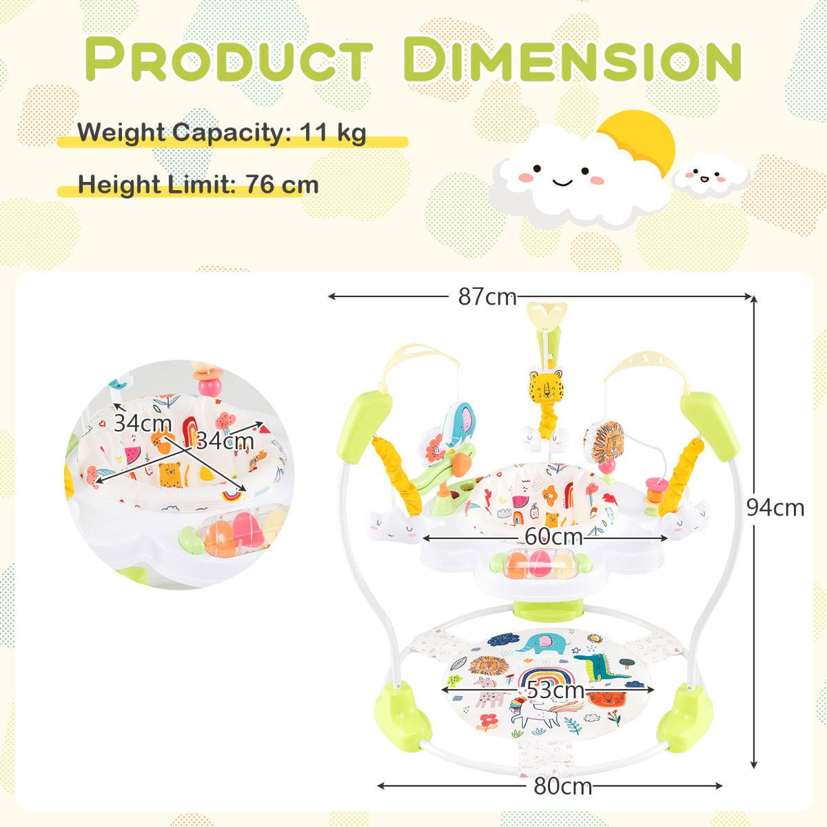 Baby Stationary Activity Center with 360° Rotary Seat and 3 Adjustable Heights for 6 Months+-Yellow