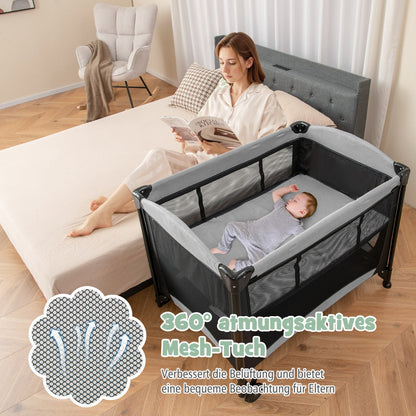 5-in-1 Portable Baby Bed with Travel Cot & Cradle & Playpen & Changing Table Black + Gray