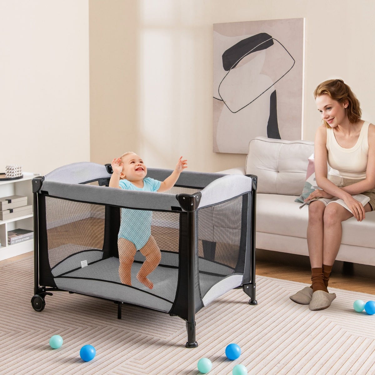 5-in-1 Portable Baby Bed with Travel Cot & Cradle & Playpen & Changing Table Black + Gray