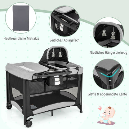 5-in-1 Portable Baby Bed with Travel Cot & Cradle & Playpen & Changing Table Black + Gray