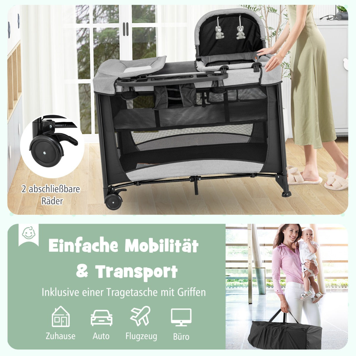 5-in-1 Portable Baby Bed with Travel Cot & Cradle & Playpen & Changing Table Black + Gray