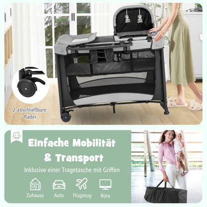5-in-1 Portable Baby Bed with Travel Cot & Cradle & Playpen & Changing Table Black + Gray