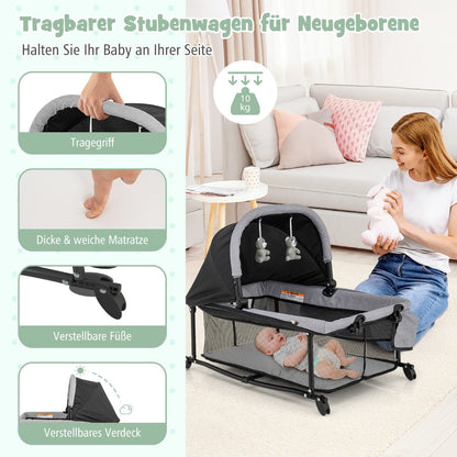 5-in-1 Portable Baby Bed with Travel Cot & Cradle & Playpen & Changing Table Black + Gray
