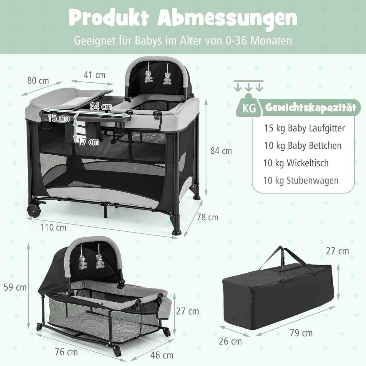 5-in-1 Portable Baby Bed with Travel Cot & Cradle & Playpen & Changing Table Black + Gray