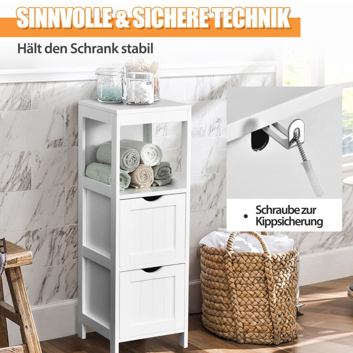 Narrow bathroom cabinet with 2 removable drawers &amp; open shelf white