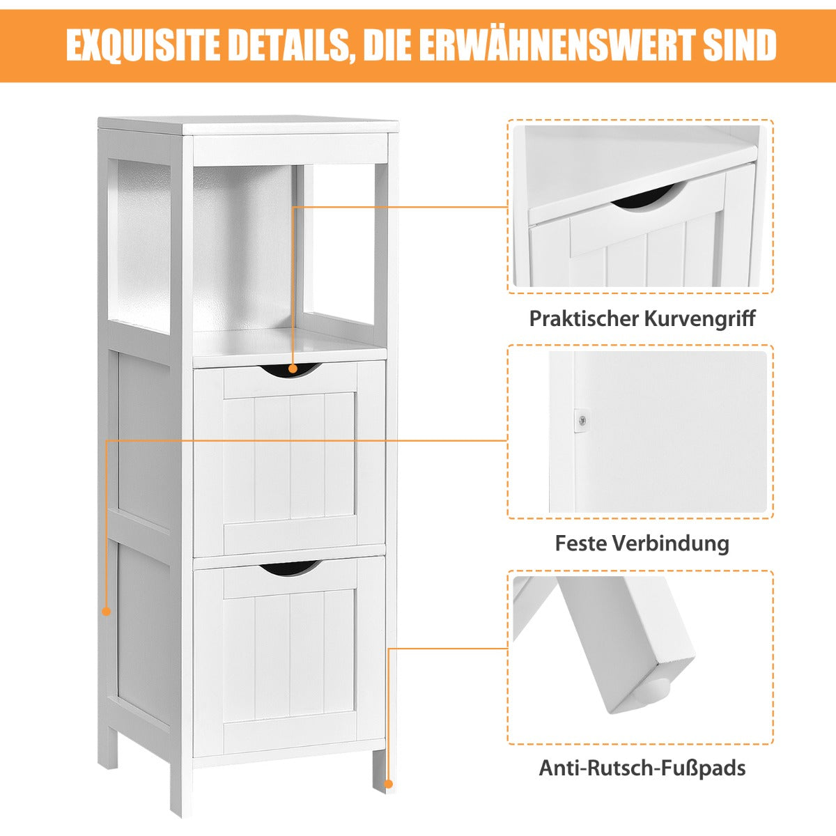 Narrow bathroom cabinet with 2 removable drawers &amp; open shelf white