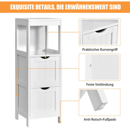 Narrow bathroom cabinet with 2 removable drawers &amp; open shelf white