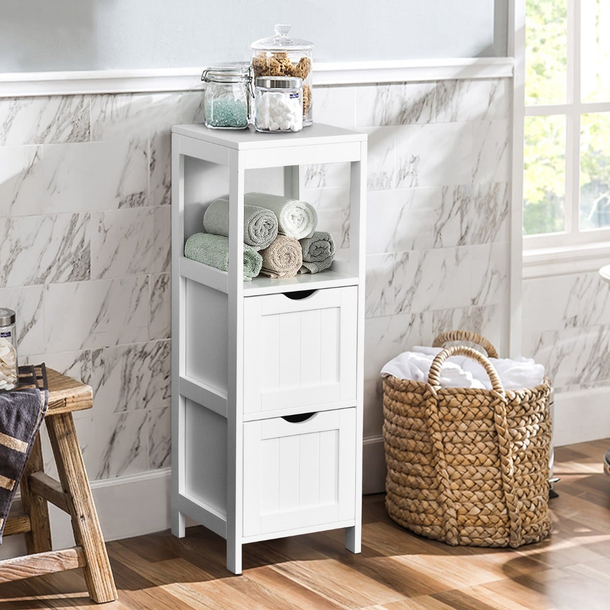 Narrow bathroom cabinet with 2 removable drawers &amp; open shelf white