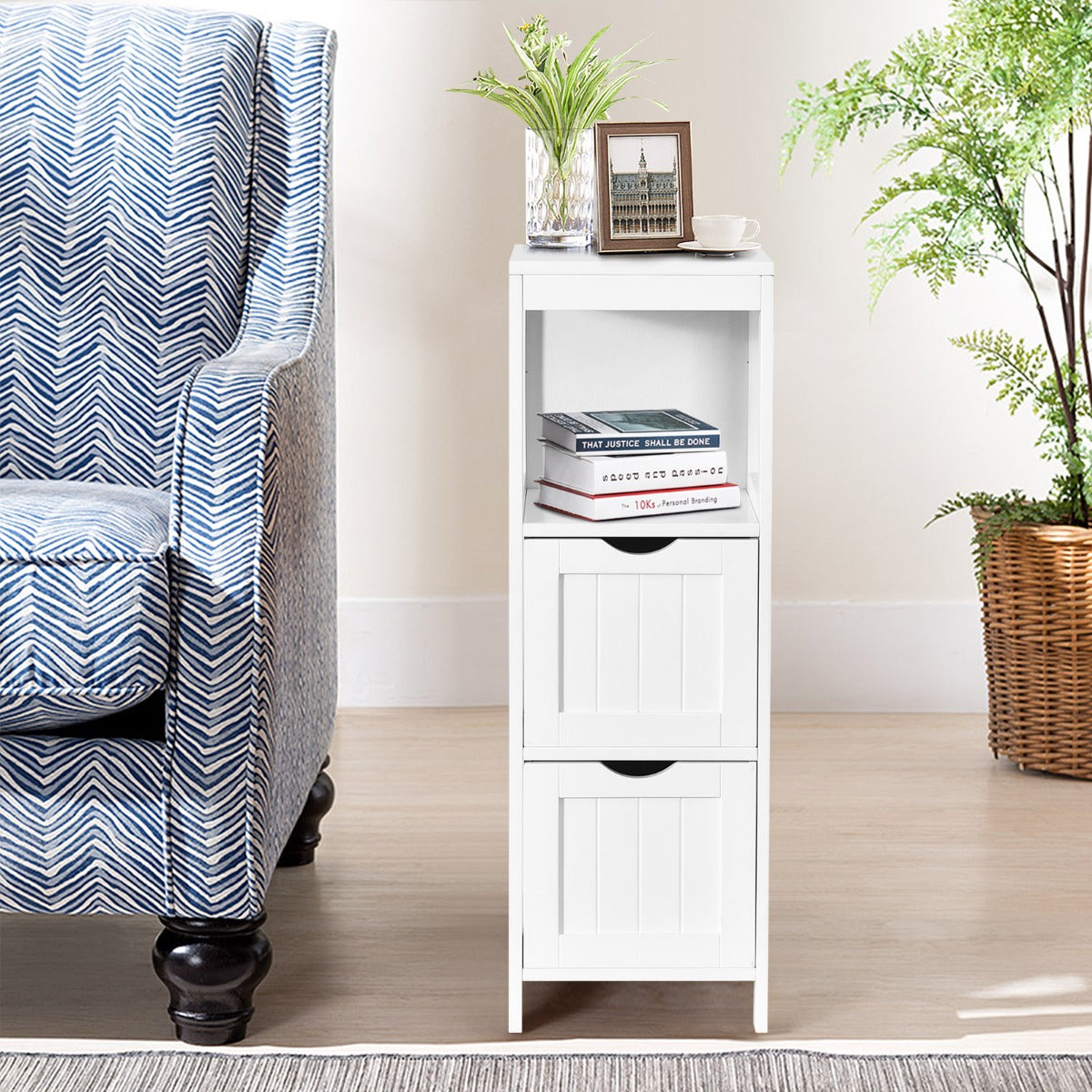 Narrow bathroom cabinet with 2 removable drawers &amp; open shelf white
