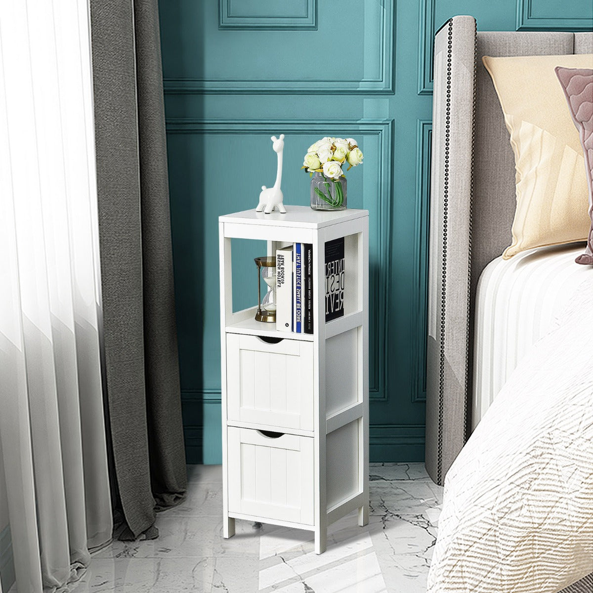 Narrow bathroom cabinet with 2 removable drawers &amp; open shelf white