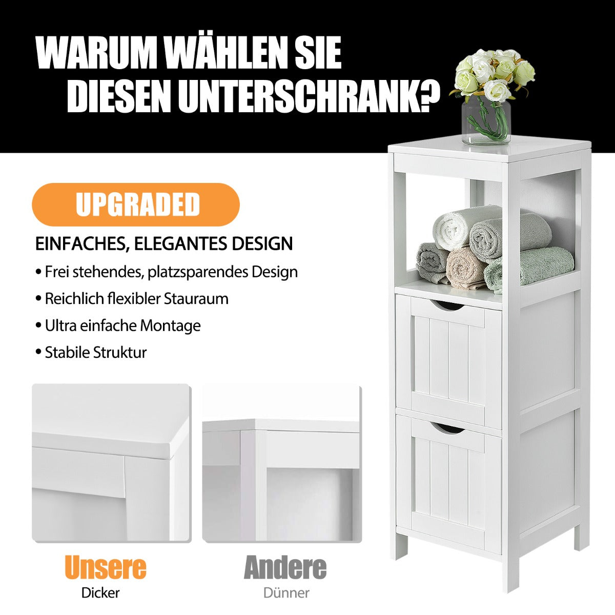 Narrow bathroom cabinet with 2 removable drawers &amp; open shelf white