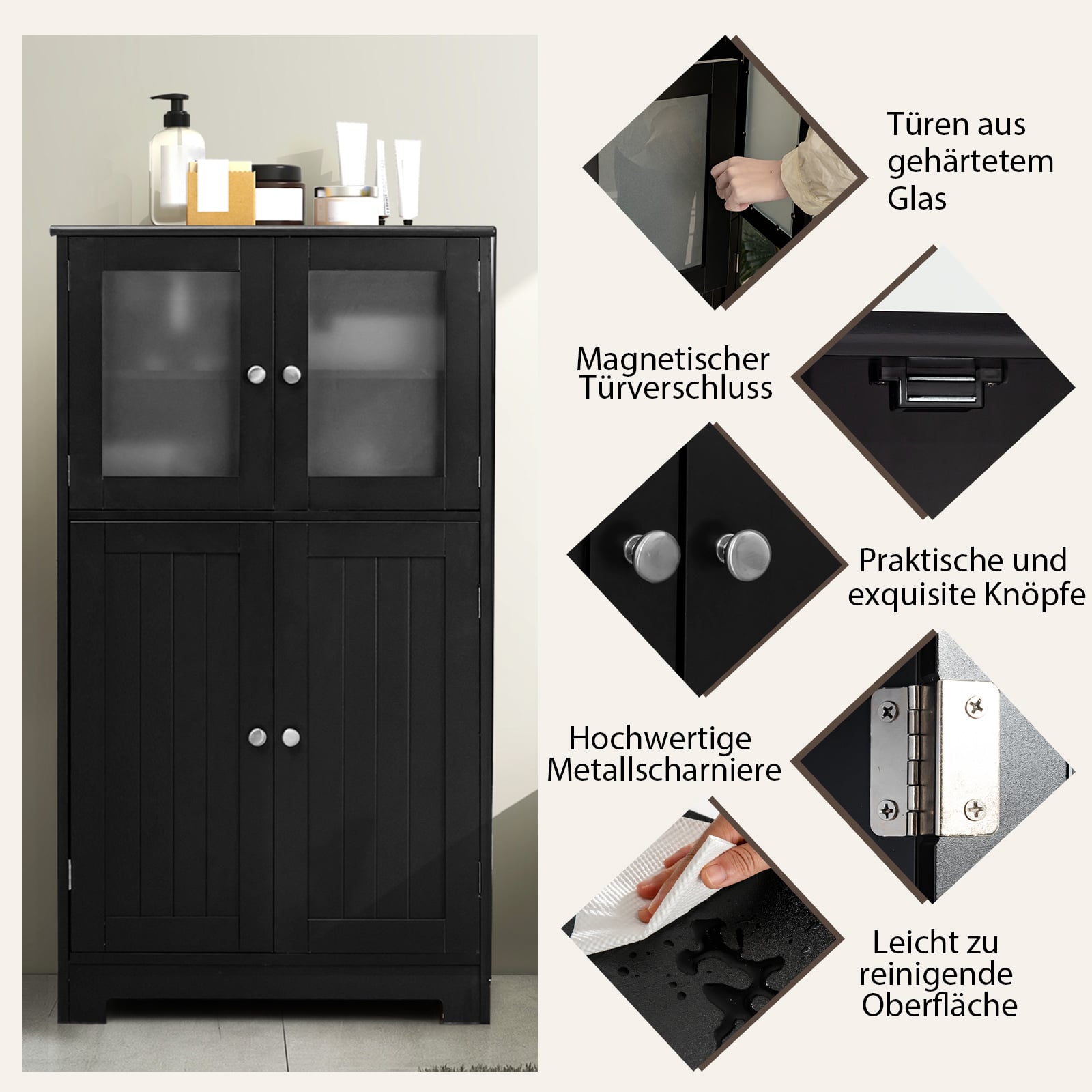 Bathroom cabinet with glass doors &amp; adjustable shelf, bathroom cabinet, tall cabinet, wood, black