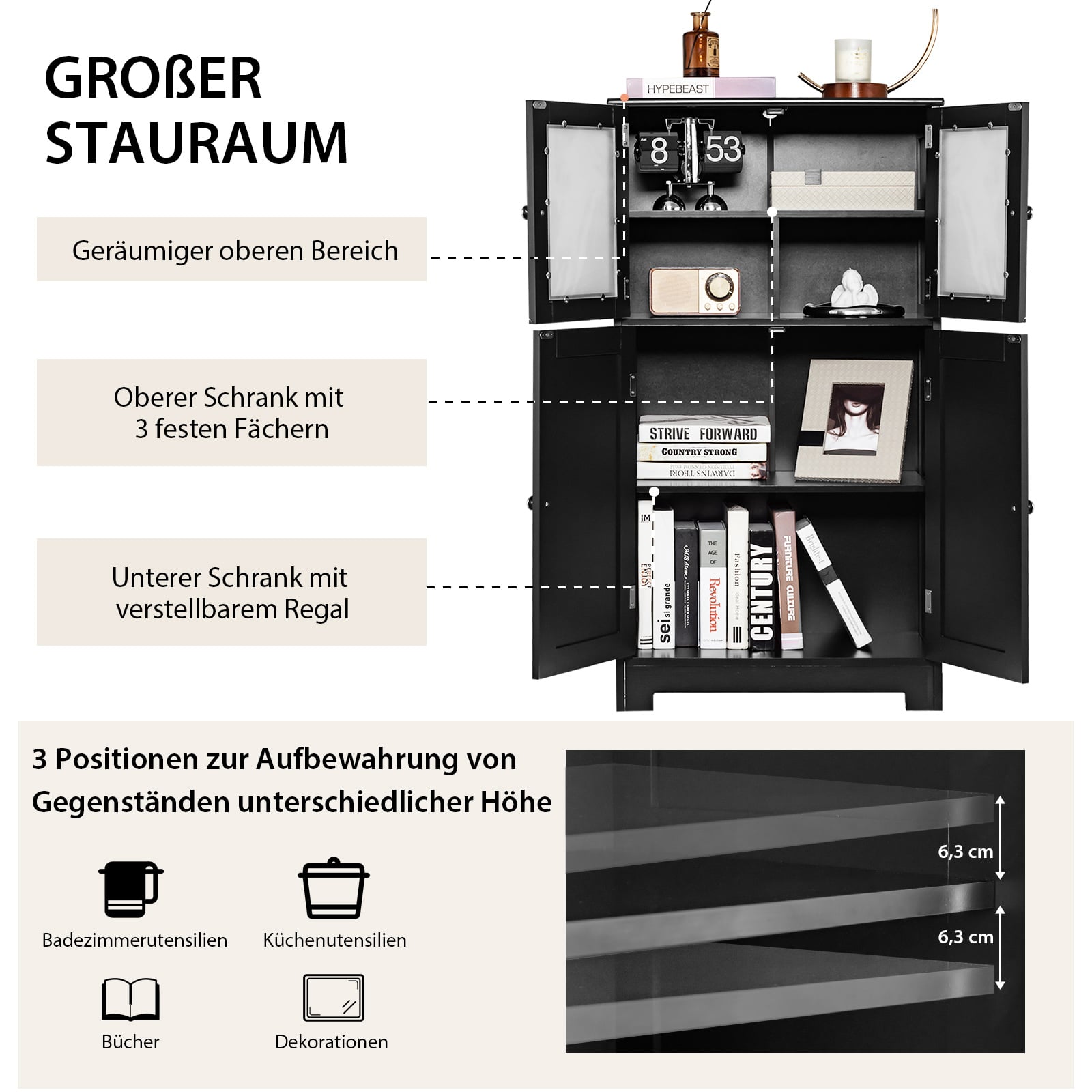 Bathroom cabinet with glass doors &amp; adjustable shelf, bathroom cabinet, tall cabinet, wood, black