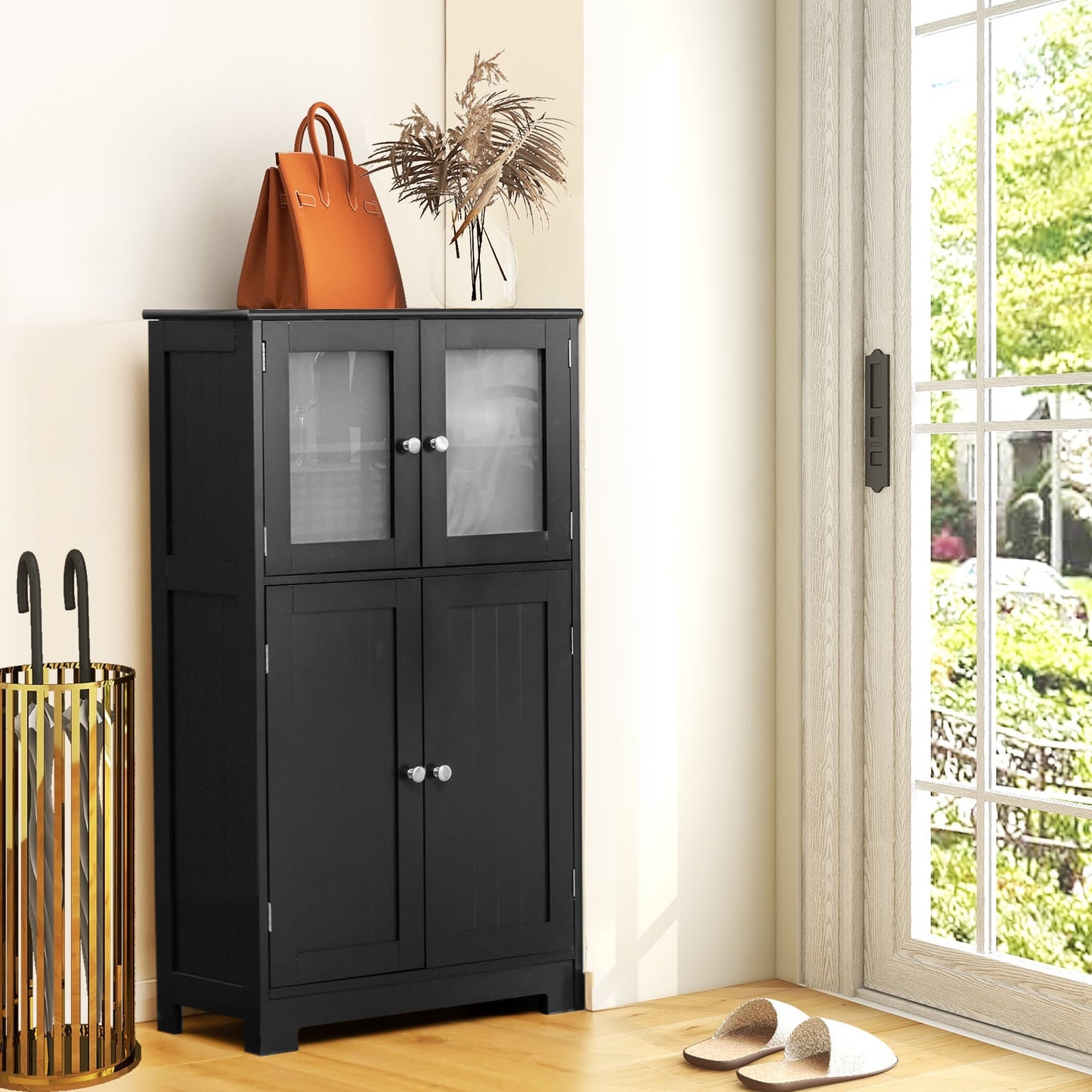 Bathroom cabinet with glass doors &amp; adjustable shelf, bathroom cabinet, tall cabinet, wood, black