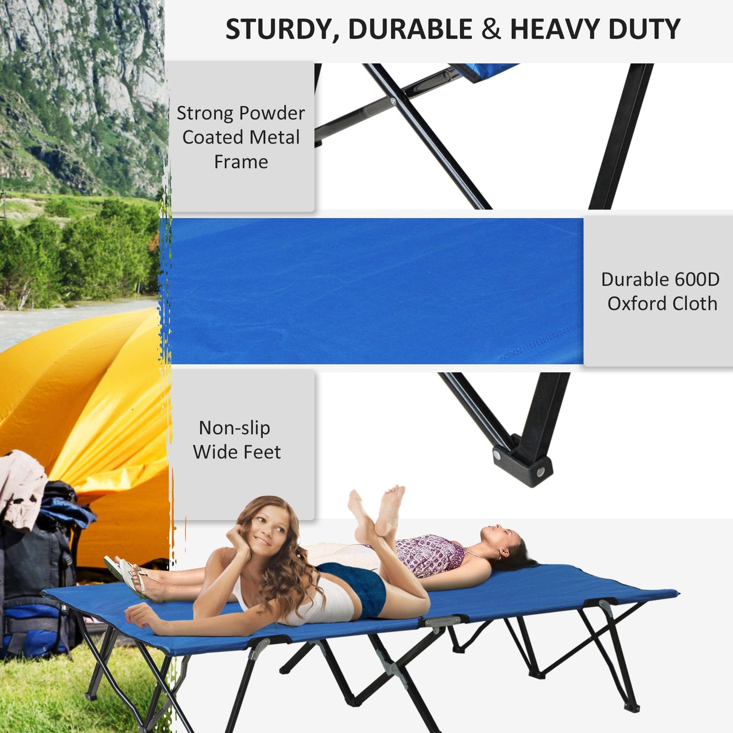 Outsunny Double Camping Bed Camping Cot Foldable Sunbed Outdoor Patio Sleeping Bed Super Light with Carry Bag (Blue)