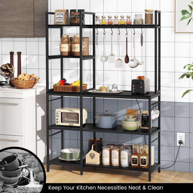 Bakers Rack with Power Outlets and 10 S-Shaped Hooks-Black