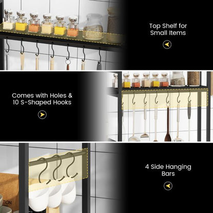 Bakers Rack with Power Outlets and 10 S-Shaped Hooks-Black