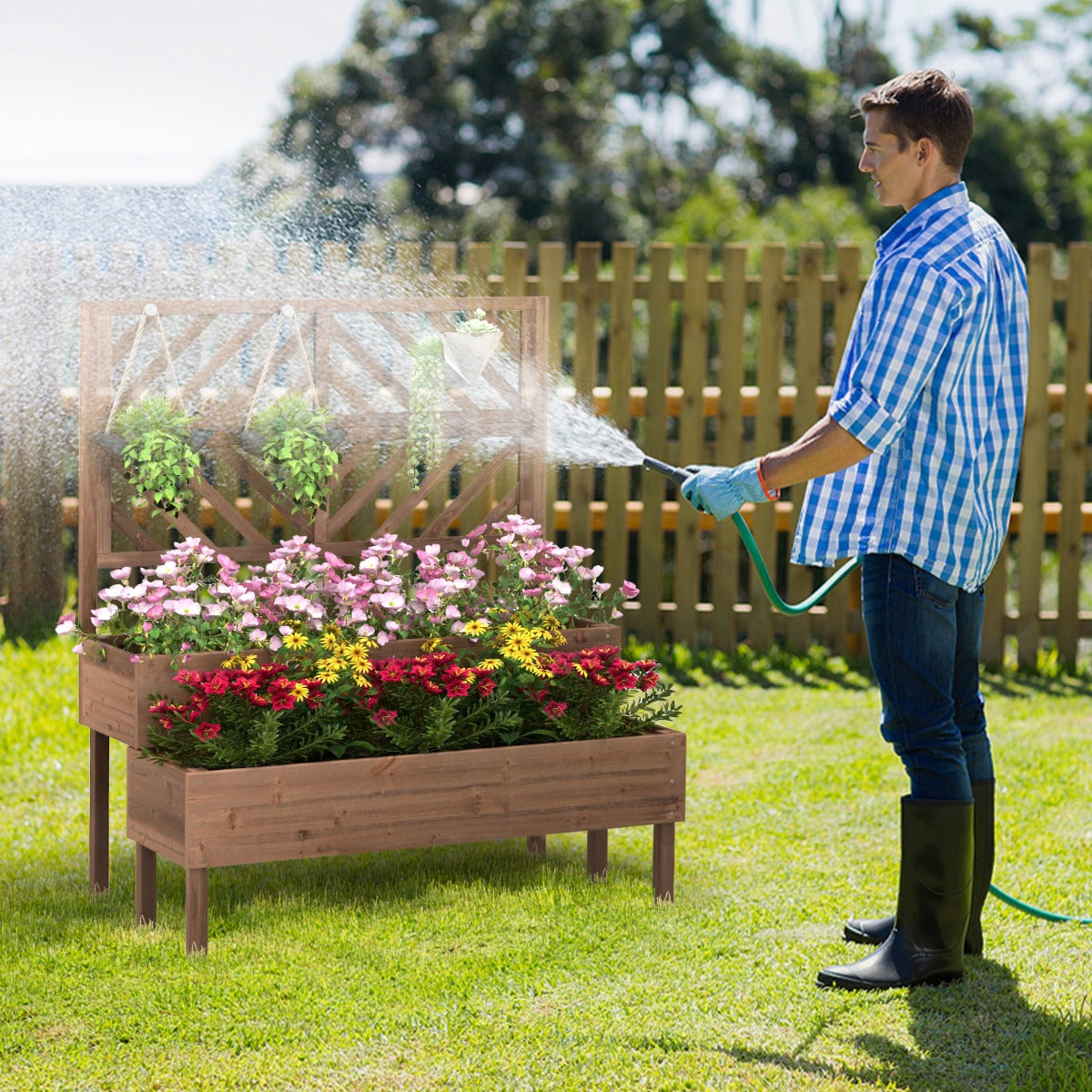 2-Layer Garden Bed with Trellis Wooden Raised Plant Box with Legs Drainage Hole Plant Container Brown