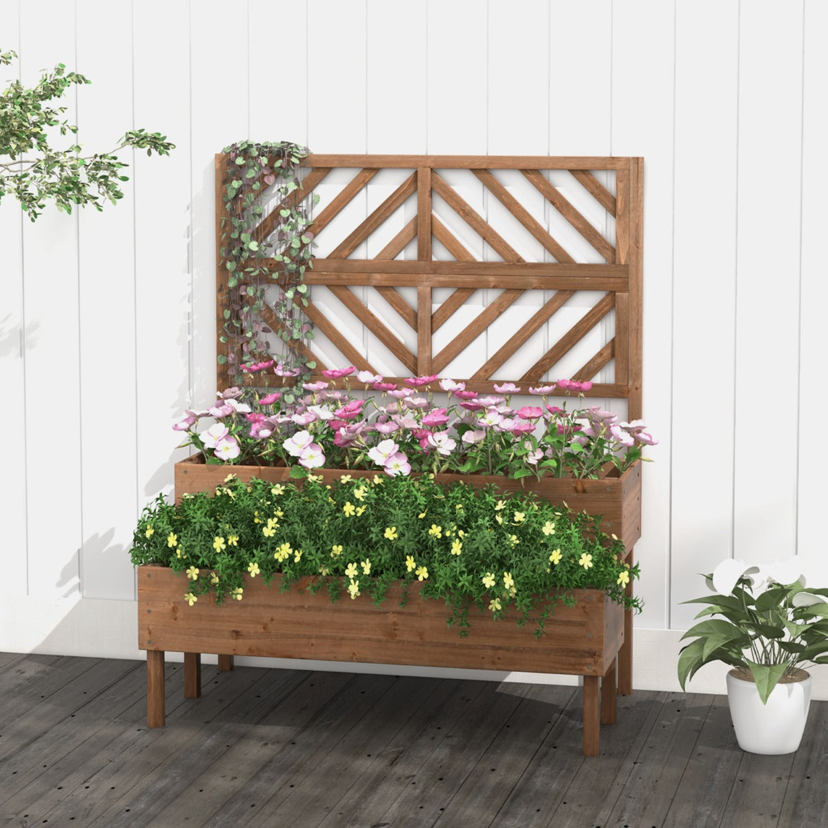 2-Layer Garden Bed with Trellis Wooden Raised Plant Box with Legs Drainage Hole Plant Container Brown