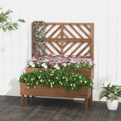 2-Layer Garden Bed with Trellis Wooden Raised Plant Box with Legs Drainage Hole Plant Container Brown