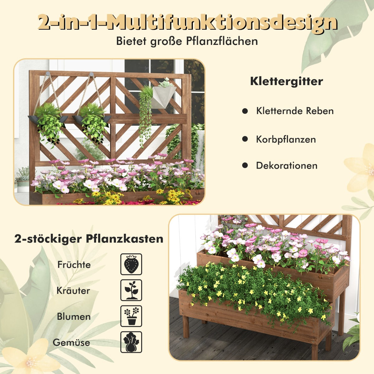 2-Layer Garden Bed with Trellis Wooden Raised Plant Box with Legs Drainage Hole Plant Container Brown