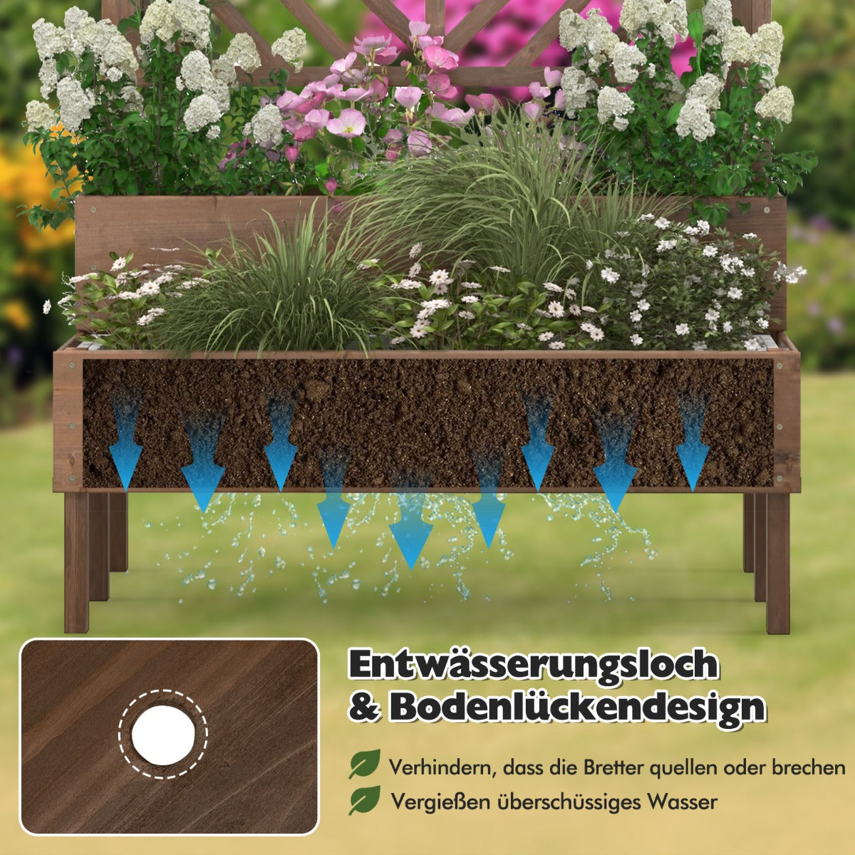 2-Layer Garden Bed with Trellis Wooden Raised Plant Box with Legs Drainage Hole Plant Container Brown