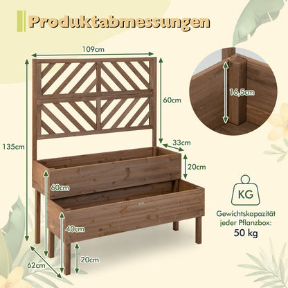 2-Layer Garden Bed with Trellis Wooden Raised Plant Box with Legs Drainage Hole Plant Container Brown