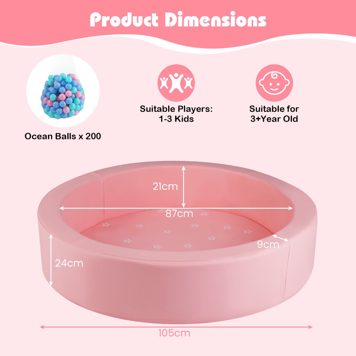 Ball Pit for Toddlers Baby Foam Ball Pit with Ocean Balls Soft Round Kids Ball Pool-Pink