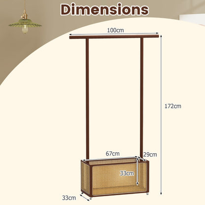 Bamboo Clothes Rack 2-In-1 Clothing Hanging Rail-Brown