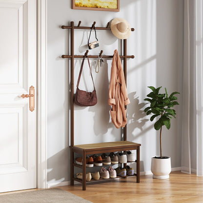 Bamboo Coat Rack PE Rattan Hall Tree with Bench and Shoe Storage-Brown