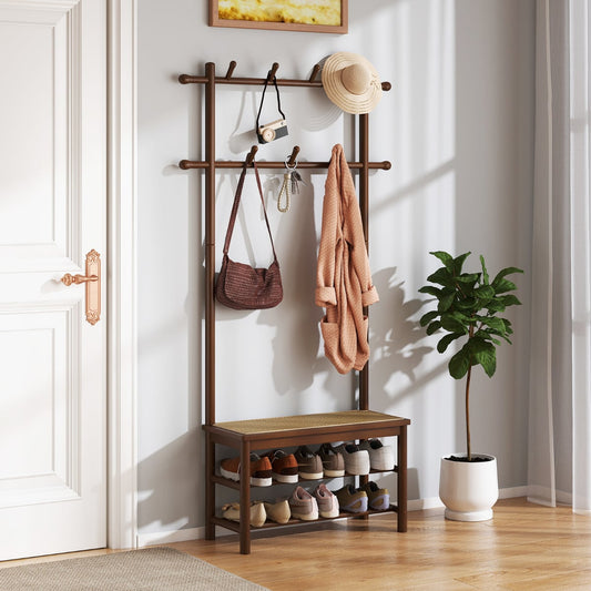 Bamboo Coat Rack PE Rattan Hall Tree with Bench and Shoe Storage-Brown