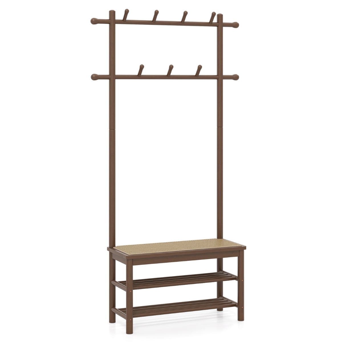 Bamboo Coat Rack PE Rattan Hall Tree with Bench and Shoe Storage-Brown