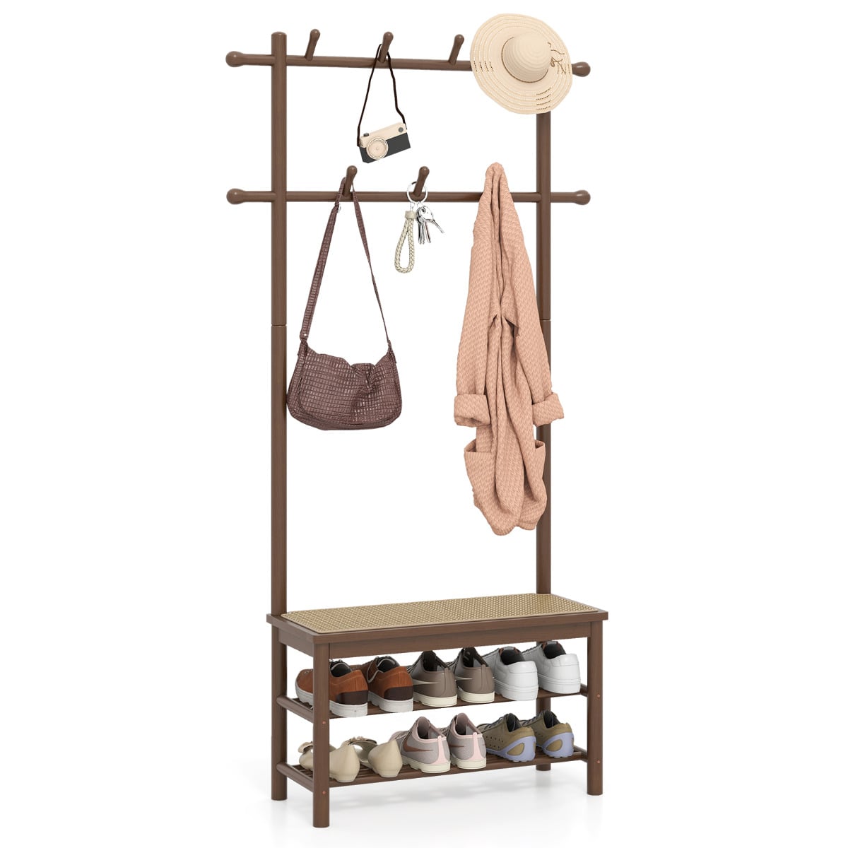 Bamboo Coat Rack PE Rattan Hall Tree with Bench and Shoe Storage-Brown