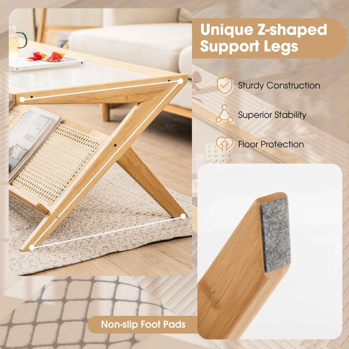 Z-Shaped Handwoven Bamboo Coffee Table with Tempered Glass Top-Natural