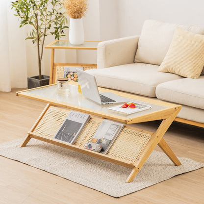 Z-Shaped Handwoven Bamboo Coffee Table with Tempered Glass Top-Natural