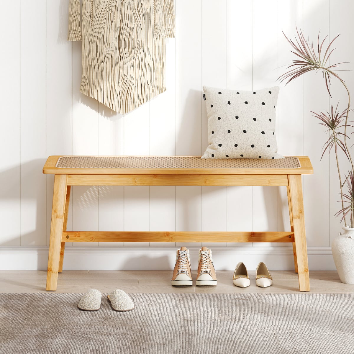 Bamboo Entryway Dining Bench with Handwoven Rattan Seat-Natural